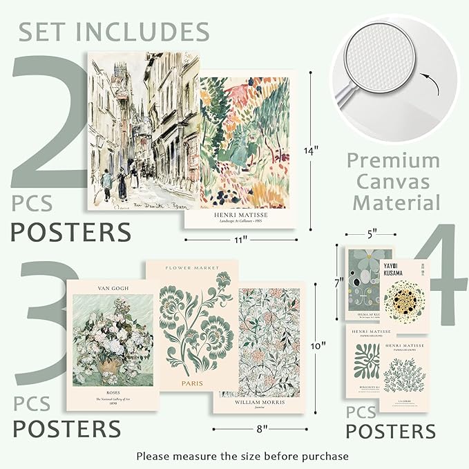 KBKBART 9 PCS Sage Green Wall Art - Eclectic Decor, Abstract Posters for Room Aesthetic, Matisse Wall Art for Bedroom