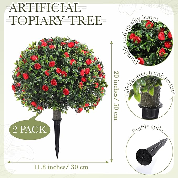 Yunlly Set of 2 Artificial Boxwood Topiary Ball Tree Fake Bushes Shrubs Outdoor Faux Plant with Ground Spike Flowers UV Resistance Greenery for Front Porch Garden Patio Indoor(Red,18x10inch)