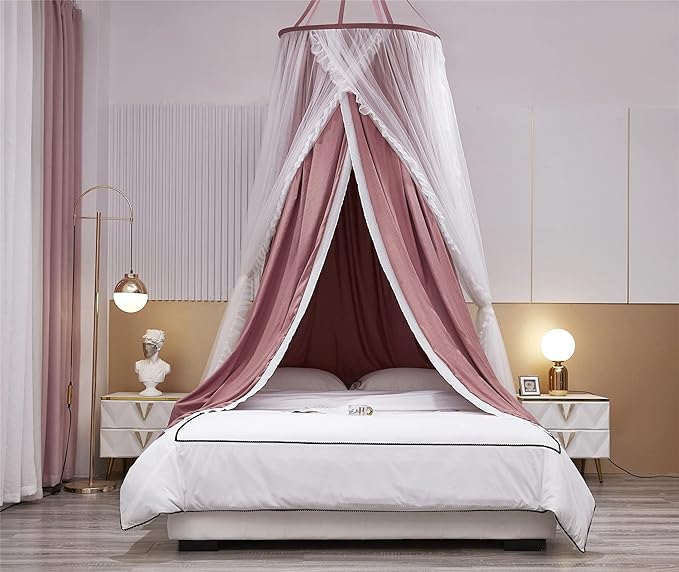 VETHIN Double Layer Princess Round Dome Canopy Bed Curtain for Girls Adults,Children Dreamy Mosquito Net,Cute Bedroom Decoration Castle Play Tent Reading Nook Canopies (Dome-Rust Red/White)