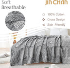 jinchan Boho 100% Cotton Muslin Blanket 3-Layer Queen Size 80x90 Inches Geometric Grey Lightweight Reversible Soft Cozy Comfy Throw for Couch Sofa Bed Large Coverlet Quilt Blanket Bedroom All Seasons