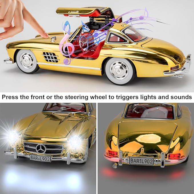 1/24 300SL Diecast Car Model Toy, Collectible 300SL Vintage Car with Sound and Light, Zinc Alloy Pull Back Toy Vehicle for Adult Boys Girls (Yellow)