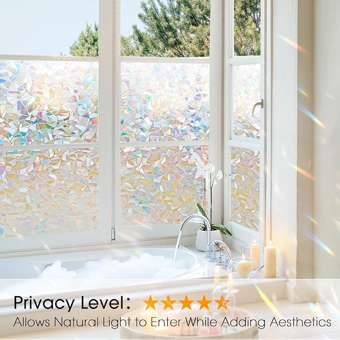 Beautyhero Window Privacy Film, Rainbow Reeded Glass Cling, 3D Decorative Coverings with UV Blocking, Static Cling for Bathroom Doors Cabinet