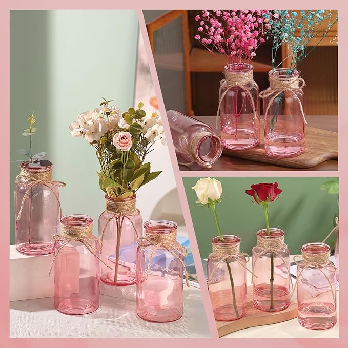 Pink Glass Flower Vases for Centerpieces Set of 12, Mason Jars Boho Cylinder Bud Vases in Bulk, for Weddings Parties Vintage Home Decor