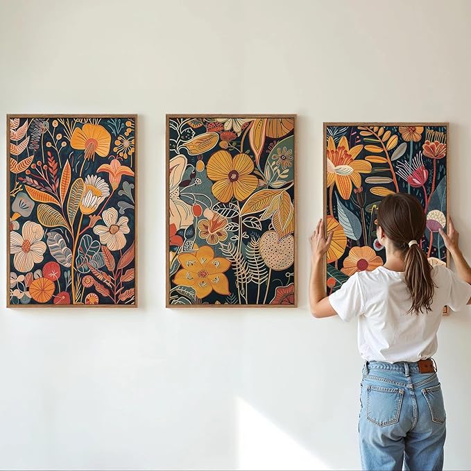 SIGNINART Boho Botanical Framed Canvas Wall Art Set of 3, Mid Century Modern Wall Decor, Burnt Orange Floral Artwork, Neutral Flower Plant Art Prints for Bedroom Living Room Office 24"x36"x3