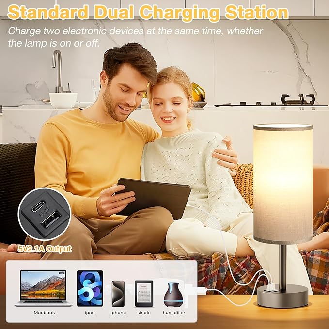 Small Touch Bedside Lamp with USB - 3 Way Dimmable Grey Table Lamp for Bedroom, Nightstand Lamp with Charging Station for Desk Dorm, Office