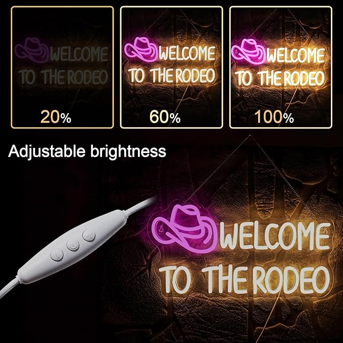 WLHOPE Welcome To The Rodeo Neon Sign Cowboy Hat Led Lights Dimmable Light Signs for Wall Decor 16.5 x 8.6 inches USB Powered Licked Light Signs for Bar Home Club Party Western Bedroom Decoration
