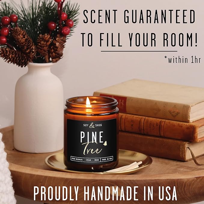 Pine Candle, Pine Scented Candles, Christmas Candles Scented - 'Pine Tree' Soy Candle, w/Fir Needles, Warm Cedar & Sandalwood - Infused with Essential Oils I Christmas Candles I 9oz, 50Hr, USA Made