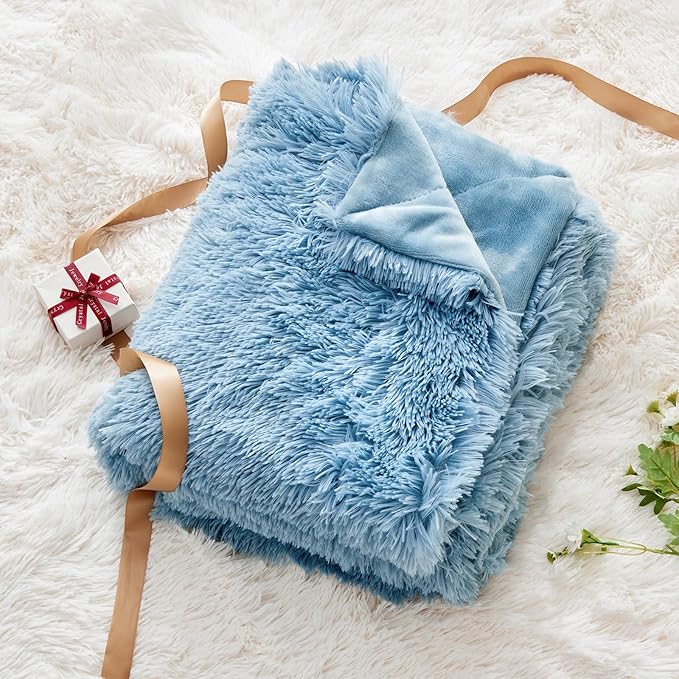 GONAAP Fuzzy Faux Fur Throw Blanket Light Blue Super Soft Cozy Plush Fuzzy Shaggy Blanket for Couch Sofa Bed (Light Blue, Throw(50"x60"))