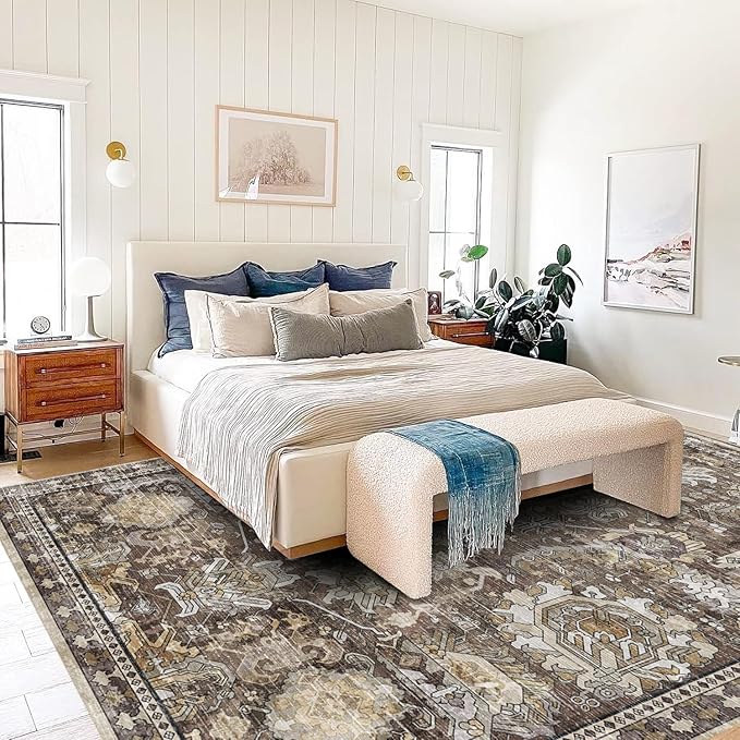 RUGSURE Washable Area Rugs - Perfect for Living Room, Bedroom, Kids Room, Nursery - Stain & Water Resistant Non-Slip, Pet & Child Friendly, Vintage Tribal Area Rugs (Ivory, 5' x 7')