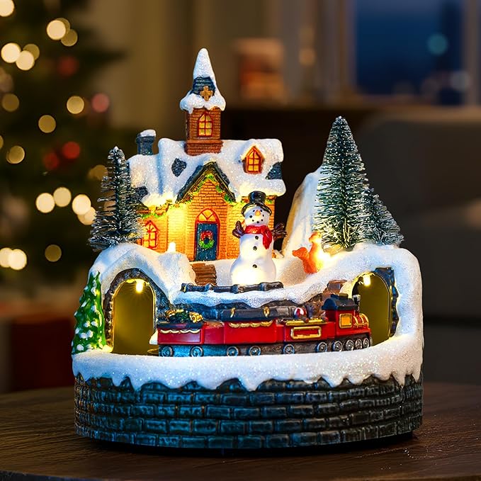 Animated Musical Christmas Village Figurines - Church Building and Snowman Statues with Rotating Train, LED Lights and Music - Battery & USB Powered Xmas Gifts and Festive Home Collection Decorations