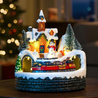 Animated Musical Christmas Village Figurines - Church Building and Snowman Statues with Rotating Train, LED Lights and Music - Battery & USB Powered Xmas Gifts and Festive Home Collection Decorations