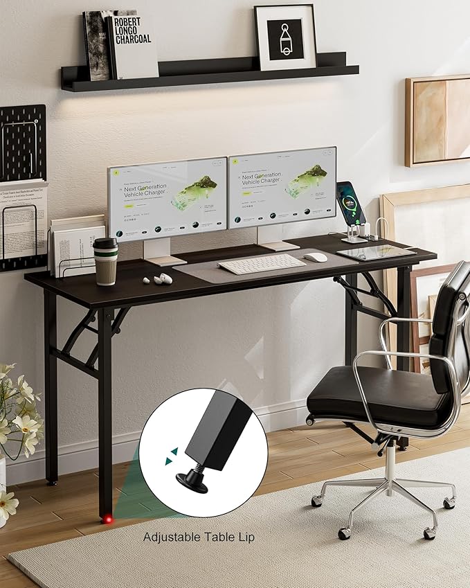 Frylr Small Folding Computer Desk – 55.1 Inch Portable Table for Craft and Study, Lightweight Desk for Small Spaces, Foldable Laptop Table Built-in AC/USB Outlets for Convenience, Charcoal Wenge