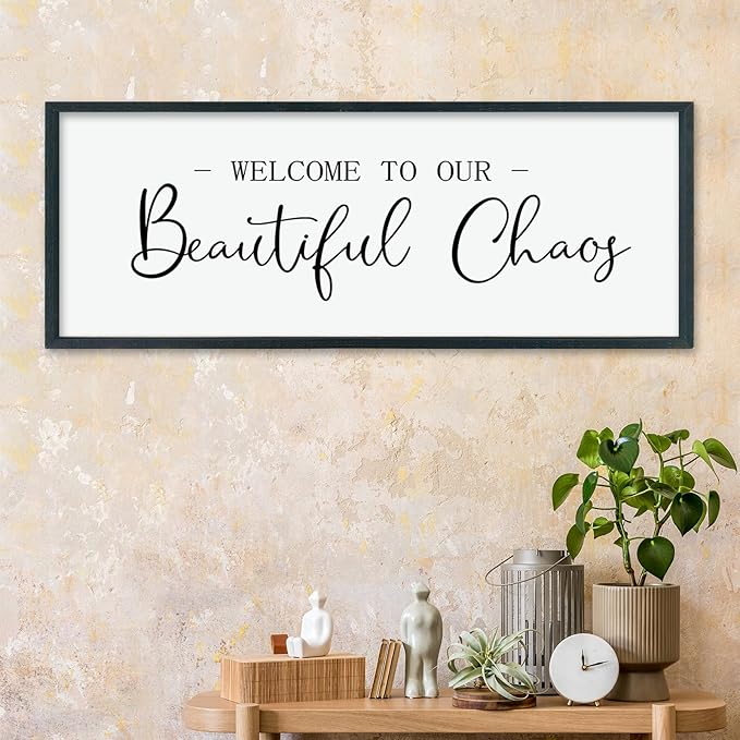 LuZhiQiang Welcome To Our Beautiful Chaos Sign Wall Decor 40"×15" for Home Living Room Entryway Bedroom Large Wood Framed Wall Hanging Art (Black)