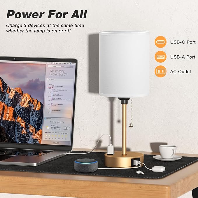 Dicoool Small Bedside Lamps 3 Color Modes - 3000K 4000K 5000K Bedroom Lamps with USB C and A Ports, Pull Chain Gold Table Lamps with AC Outlet, Nightstand Lamps with Gold Metal Base for Kids Reading
