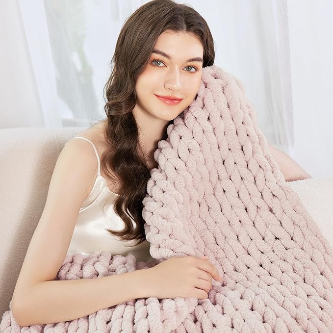 Admitrack Chunky Knit Blanket Throw, 100% Hand Knit Chenille Throw Blanket for Sofa & Home Decor, Soft and Cozy Knitted Throw Blankets (Pink，51"x63")
