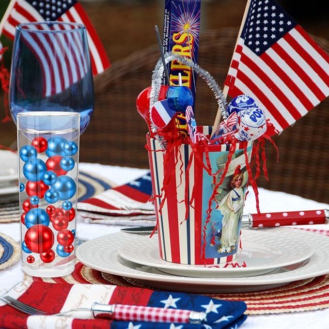 200PCS Red Blue Faux Pearls Beads for Centerpiece Vases, Vase Filler Faux Pearls, No Holes Filler Beads for Party Anniversary Birthday Wedding Table Decor, 10/14/20/30mm