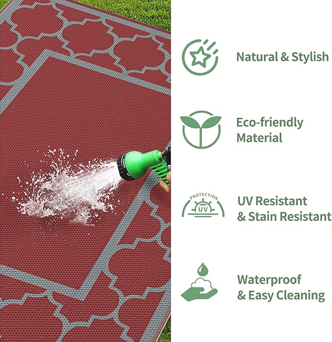 GENIMO 5' x 8' Outdoor Rug Waterproof for Patio Decor, Foldable Reversible Plastic Straw Area Rugs Mat for Camper, Outside Carpet for Rv, Deck, Porch, Picnic, Beach, Balcony, Red & Grey