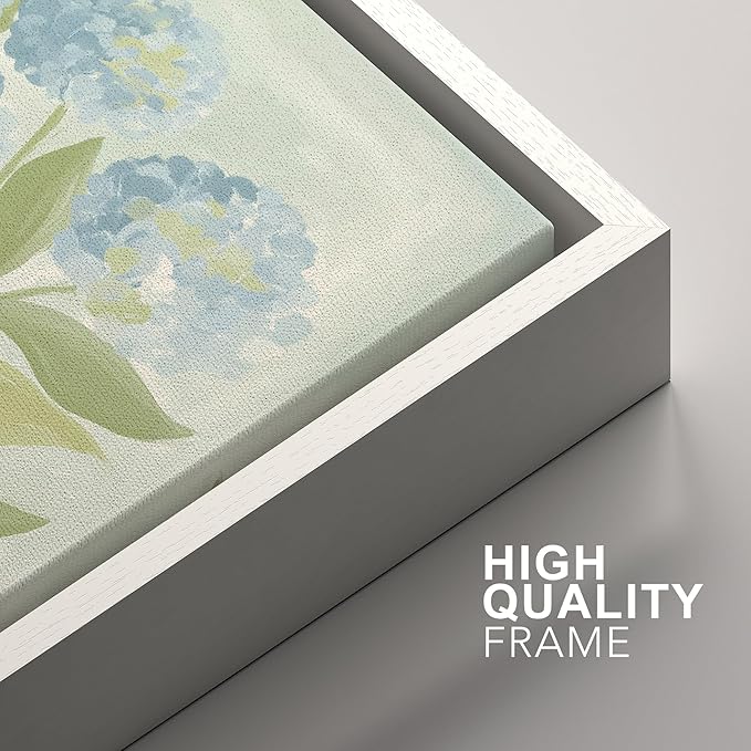 SIGNFORD Framed Canvas Print Wall Art Set Soft Hydrangea Pair Light Blue Florals with Green Leaves Illustration Modern Art Decorative Nordic Nature for Living Room, Bedroom, Office - 24"x36"x2 White