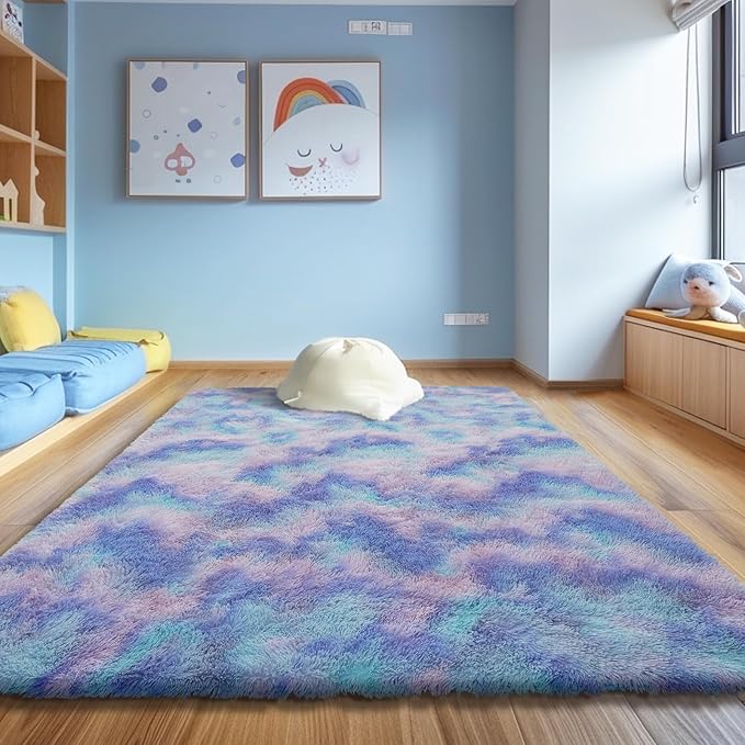 8x10 Fluffy Area Rugs for Living Room,Shag Area Rug for Bedroom,Soft Fuzzy Rug Non-Shedding Indoor Plush Carpet for Kids Bedroom Nursery Home Decor,Rainbow Purple