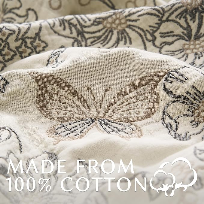 jinchan Boho Floral 100% Cotton Blanket 4-Layer Throw Blanket with Tassel Grey and White Flower Butterfly Soft Luxury Rustic Farmhouse Decor Blanket for Couch Bed 80x90 inch All Season Gift for Women