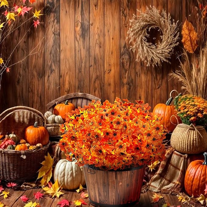 Artificial Fall Flowers for Outdoors, 10 Bundles Artificial Plants UV Resistant Fall Fake Plants for Outside Halloween Christmas Porch Decoration Fall Decor(Orange(Eucalyptus))