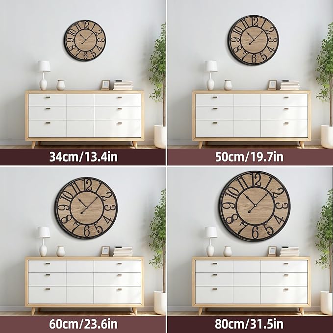 Large Wall Clock for Living Room Decor, Non Ticking Silent, Battery Operated Modern Vintage Wood Oversized Decorative Wall Clock for Bedroom Kitchen Farmhouse Office Decor