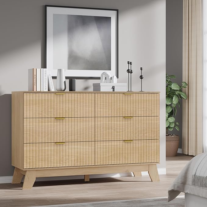 Fluted 6 Drawer Dresser, 47.2" Wide Modern Boho Chest of Drawers, Wooden Storage Dresser TV Stand for Bedroom, Living Room, Closet, Hallway, Curved Profile Design