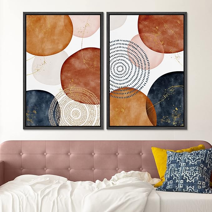 SIGNFORD Framed Wall Art Print Set Vintage Mid-Century Spiral Watercolor Dot Abstract Shapes Illustrations Modern Minimalist Multicolor for Living Room, Bedroom, Office - 16"x24"x2 Black