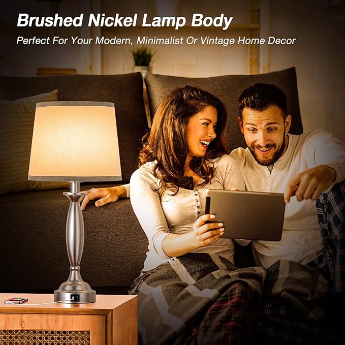 Seealle Lamps for Bedrooms - Touch Control Bedside Lamp with USB C+A, 3 Way Dimmable Nightstand Lamps with USB Port, Brushed Nickel Table Lamp for Living Room Guest Room Bed Side End Table(Single)