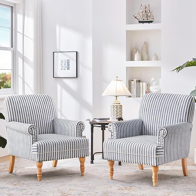 HUIMO Linen Fabric Accent Chairs Set of 2, Mid-Century Modern Armchair with Solid Wood Legs, Single Sofa Chair,Upholstered Reading Club Chair (2, Dark Blue and White Stripe)