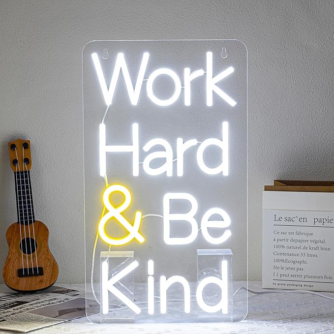 Work Hard Be Kind Neon Sign for Wall Decor Letter Neon Light Be Kind LED Neon Sign for Office White LED Neon Light for Offices Classroom Bedroom Study Room Decoration