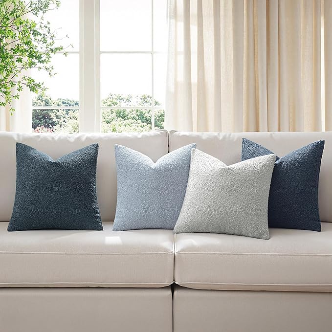 MIULEE Pack of 4 Decorative Textured Boucle Throw Pillow Covers 22x22 Inch Neutral Blue Accent Euro Sham Pillow Cases Couch Cushion Covers Modern Farmhouse Boho Chair Sofa Bed Livingroom Home Decor