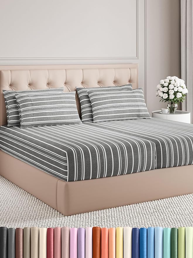 Split King Sheets Set 7 Piece - Includes 4 Pillowcases - Bed Sheets Split King - Soft Hotel Luxury Bedding - Cooling and Breathable - 1 Flat & 2 Fitted & 4 Pillowcases w/ Deep Pockets - Grey Stripes