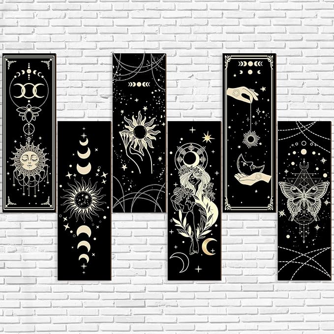 6 Pieces Wall Decor Gothic Boho Wall Art Sun Moon Phases Hanging Rectangular Wooden Minimalist Vintage Sign Plaque Farmhouse Pediments for Home Living Bedroom
