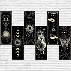 6 Pieces Wall Decor Gothic Boho Wall Art Sun Moon Phases Hanging Rectangular Wooden Minimalist Vintage Sign Plaque Farmhouse Pediments for Home Living Bedroom