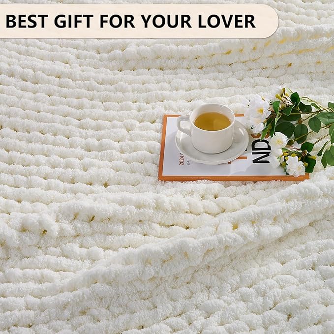 L'AGRATY Chunky Knit Blanket Throw: Soft Chenille Yarn Throw Blanket 50x60 - Handmade Thick Cable Crochet Blanket - Large Chunky Rope Throw Blanket for Couch Sofa Bed Home Decor(Cream White)