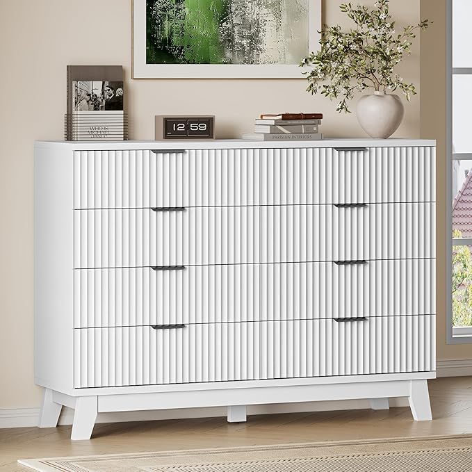 53" Tall Dresser for Bedroom, 8-Drawer Fluted Chest of Drawers, Modern Wood Highboy with Metal Slides and Handles, Anti-Tip Kit, Vertical Clothes Storage Organizer for Apartment, Closet