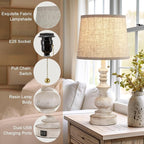 Table Lamps for Bedrooms Set of 2 Farmhouse Bedside Lamps for Nightstand with USB Charging Ports Traditional Side Table Lamps for Living Room Wooden Finish, Pull Chain, Bulbs Not Included