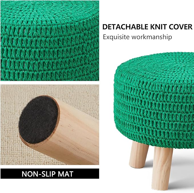 Wimarsbon Pouf Ottoman, 100% Cotton Knitted Boho Footstool, Round Footrest with Non-Skid Wood Legs, Home Décor Handmade Pouffe, Leisure Floor Step Stool for Living Room (Dark Green)