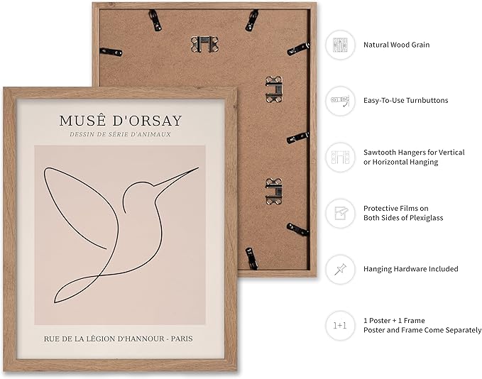 Poster Master Vintage Poster - Retro One Line Hummingbird Drawing Print - Bird Line Art - Minimal Gift for Him, Her, Animal Lover - Abstract Decor for Home, Office, 8x10 Beige Framed