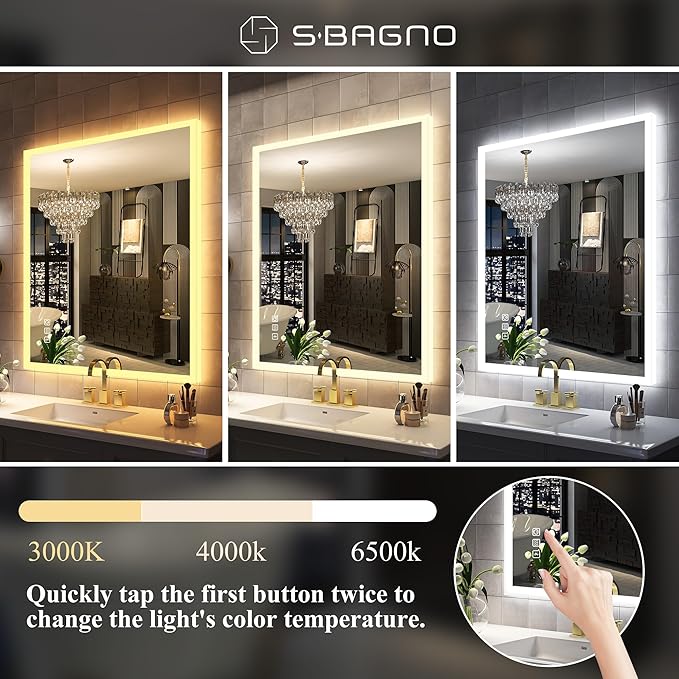 SBAGNO LED Bathroom Mirror with Lights, 32''x28'' 3D Border Bathroom Vanity Wall Mirror with Bluetooth, Anti-Fog, Stepless Dimming, 3 Colors, Tempered Glass Lighted Vanity Mirror for Bathroom