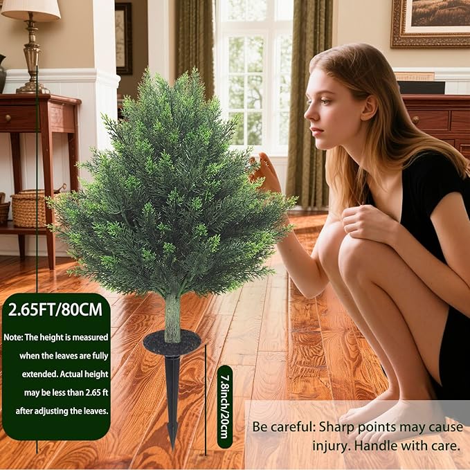 R's Ceder Artificial Topiary Cedar Tree 32 inch Faux Little Bush Cedar Tree UV Resistant Shrub Potted Artificial Plant for Outdoor Indoor Front Porch Garden (2 Pack)