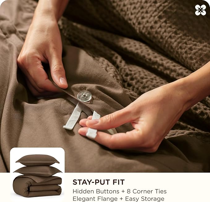 Bedsure Cotton Duvet Cover King - 100% Cotton Waffle Weave Brown Duvet Cover King Size, GentleSoft™ and Breathable Bedding Set for All Season, 3 Pieces, 104"x90"