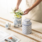 Ceramic Decorative Jars with Lid, Blue and White Ginger Jar for Home Decor, Cylindrical Vase Decor, 7.7x5.4 Inch, Flowers and Branches