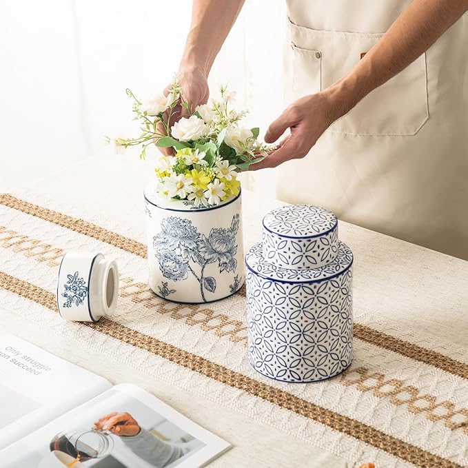 Ceramic Decorative Jars with Lid, Blue and White Ginger Jar for Home Decor, Cylindrical Vase Decor, 7.7x5.4 Inch, Flowers and Branches