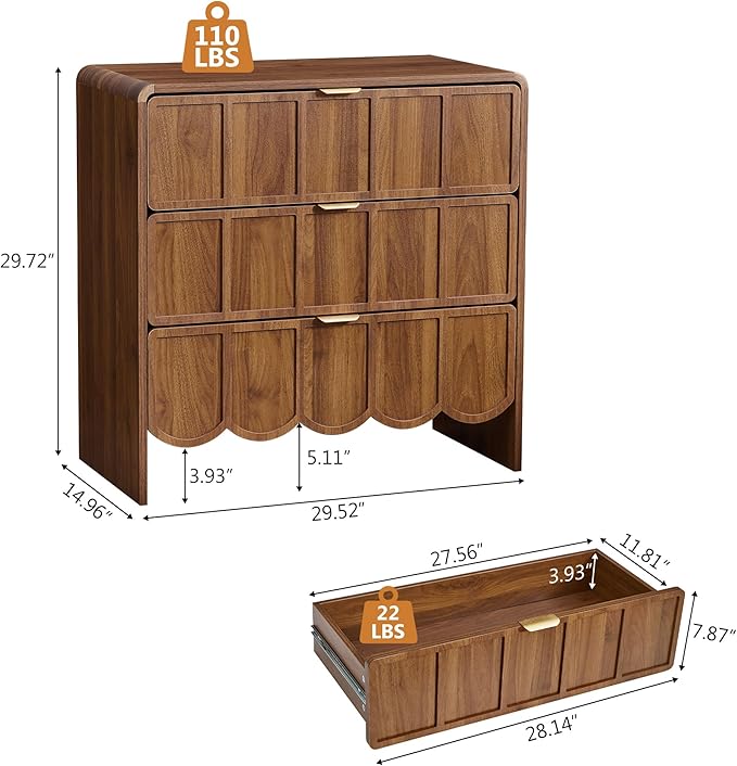 3 Drawer Dresser for Bedroom, Modern Closet Chest of Drawers with Wave Fluted Drawer, Wood Storage Small Dresser Organizer for Nursery Bedroom Living Room Hallway Closet (Walnut)