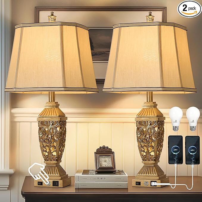 AIDENOEY 27.5“ Farmhouses Table Lamp with USB & USB-C Charging Ports, 3-Color Dimmable & Stepless Bottom Dimming, Touch Control & Switch, Vintage Bedside Lamp for Bedroom Living Room Office,(Brown)