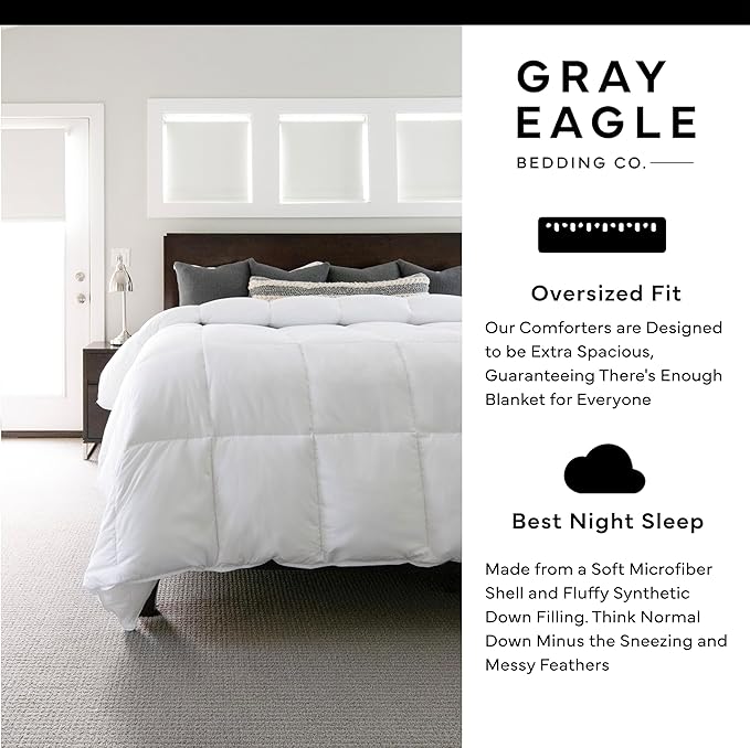 Gray Eagle Oversized King Comforter – Extra Large Synthetic Down Alternative Comforter – Ultra Soft Microfiber, All-Season, Lightweight & Fluffy – Hotel Quality, Machine Washable, White (120' x 98")
