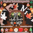 Interchangeable Welcome Sign for Front Door with 14 Changeable Icons, Farmhouse Front Porch Decor Rustic Wooden Wall Sign with 12 LED Lights, Outdoor Seasonal Welcome Home Decorations (Black1)