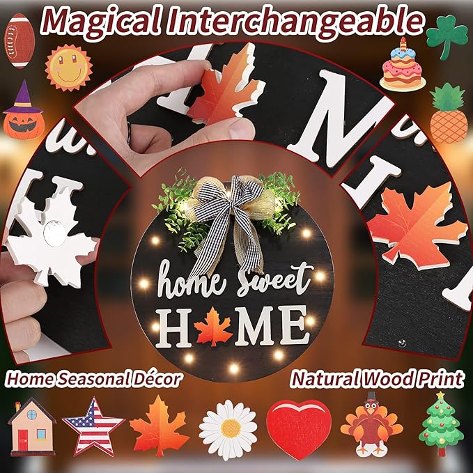 Interchangeable Welcome Sign for Front Door with 14 Changeable Icons, Farmhouse Front Porch Decor Rustic Wooden Wall Sign with 12 LED Lights, Outdoor Seasonal Welcome Home Decorations (Black1)